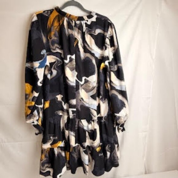 Nine West Abstract Print Long Sleeve Tiered Mini Dress Black/White/Yellow XL - Picture 3 of 9